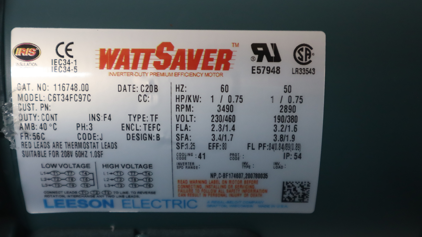 MTR,1.0HP,3PH,60HZ,56C FR #116748 L/BASE,208-230/460V... INV